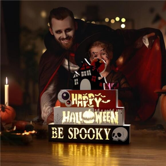 Halloween Decorations Indoor 9.4" 4-Tier Wooden Block Set with Glowing 3D - Picture 7 of 8